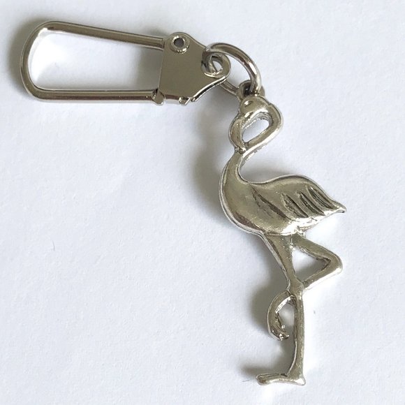 Flamingo Bird Zipper Pull Clip On Purse Charm Backpack Silver Plated Island - Picture 3 of 9